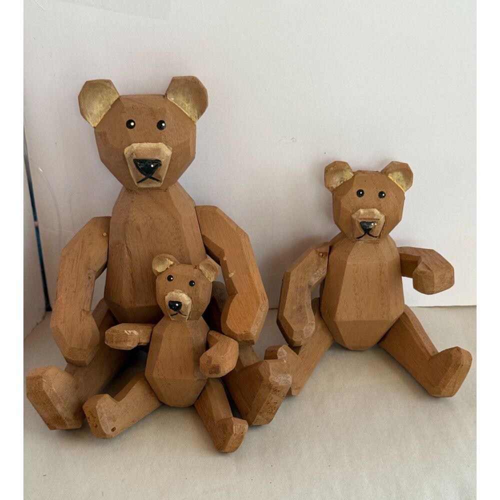 Set of 3 Carved Wooden Jointed Teddy Bears Made in China Rustic Folk Art Decor